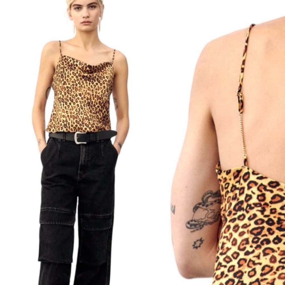 NWT Zara Leopard Print Satin Cowl Neck Gold Chain Strap Crop Tank Top - M
